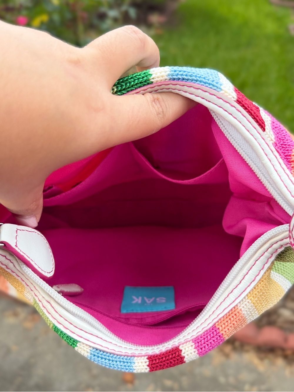 The Sak Rainbow Stripe Kids Shoulder Bag with Pink Plush Charm - Picture 11 of 13